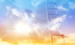 A ladder going up to the sky with clouds in background.